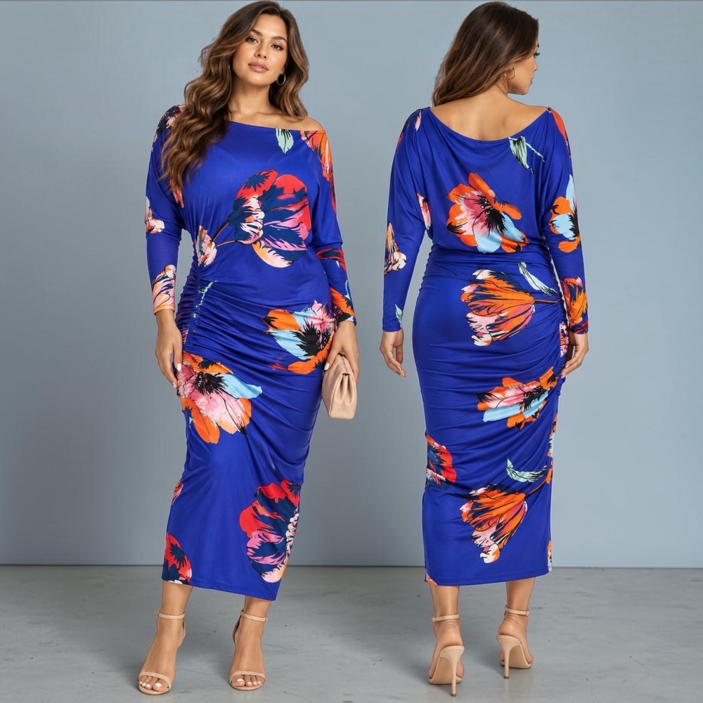 Marciano by Guess Blue Floral Ruched Bodycon Long Sleeve Stretch Midi Dress L